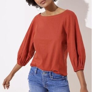 LOFT Puff Sleeve Linen Blend Long Sleeve Red Orange Top